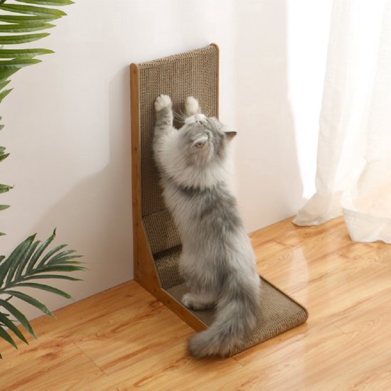 Krabpaal voor katten – L-vormige krabwand van karton – Met speelballetjes – 25x40x60 cm – Bruin-Krabplank-Ilumina Benelux