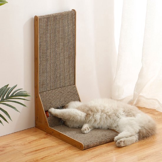 Krabpaal voor katten – L-vormige krabwand van karton – Met speelballetjes – 25x40x60 cm – Bruin-Krabplank-Ilumina Benelux