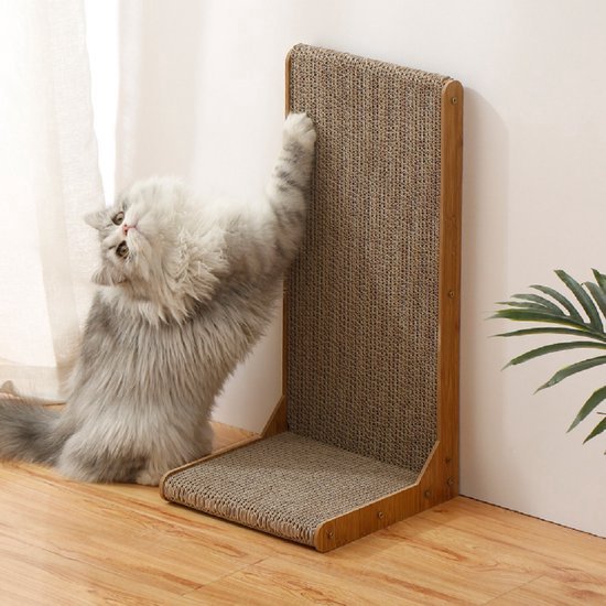 Krabplank kat – L-vormige krabwand met belletjes – Golfkarton krabmeubel – Anti-krab oplossing – Bruin 25x25x50 cm-Krabplank-Ilumina Benelux