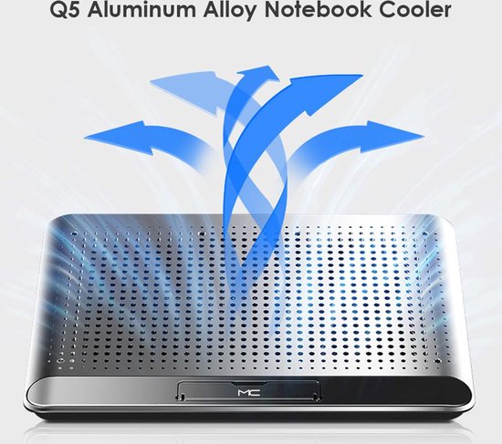 Laptop koeler – Cooling pad met 160 mm ventilator – 6 standen verstelbaar – Tot 17 inch – USB-aangedreven – Aluminium – Zilver-Laptopkoelers-Ilumina Benelux