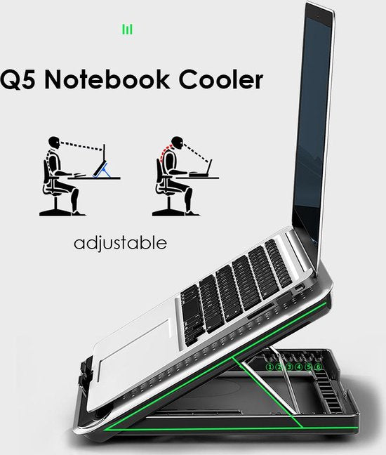 Laptop koeler – Cooling pad met 160 mm ventilator – 6 standen verstelbaar – Tot 17 inch – USB-aangedreven – Aluminium – Zilver-Laptopkoelers-Ilumina Benelux