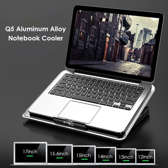 Laptop koeler – Cooling pad met 160 mm ventilator – 6 standen verstelbaar – Tot 17 inch – USB-aangedreven – Aluminium – Zilver-Laptopkoelers-Ilumina Benelux