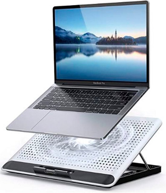 Laptop koeler – Cooling pad met 160 mm ventilator – 6 standen verstelbaar – Tot 17 inch – USB-aangedreven – Aluminium – Zilver-Laptopkoelers-Ilumina Benelux
