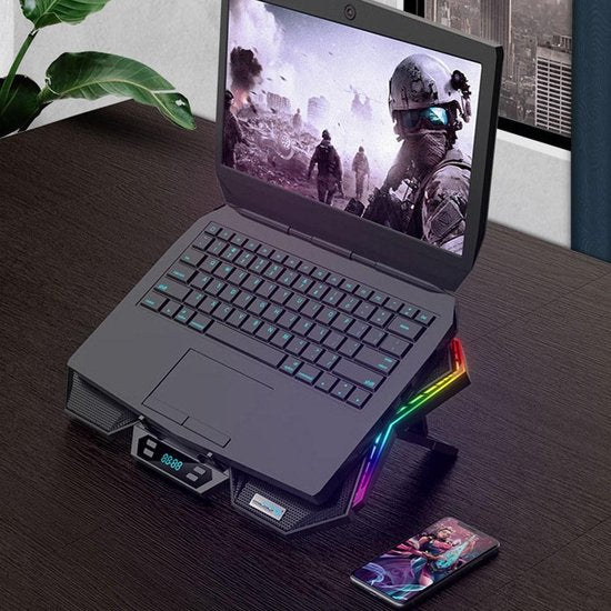 Laptop koelerstand – RGB cooling pad – 6 ventilatoren – Instelbare windsnelheid & hoogte – Zwart-Laptopkoelers-Ilumina Benelux