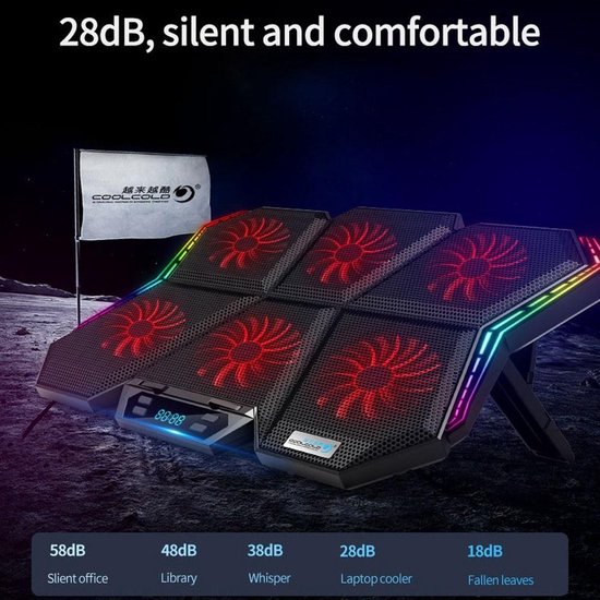 Laptop koelerstand – RGB cooling pad – 6 ventilatoren – Instelbare windsnelheid & hoogte – Zwart-Laptopkoelers-Ilumina Benelux