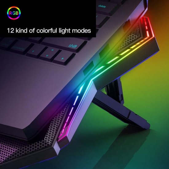 Laptop koelerstand – RGB cooling pad – 6 ventilatoren – Instelbare windsnelheid & hoogte – Zwart-Laptopkoelers-Ilumina Benelux