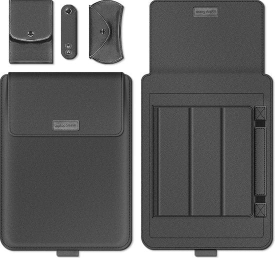 Laptop sleeve 13-14 inch – PU leren laptoptas – Ergonomische standaard – Muismat & accessoirevakken – Zwart-Notebookstandaard-Ilumina Benelux