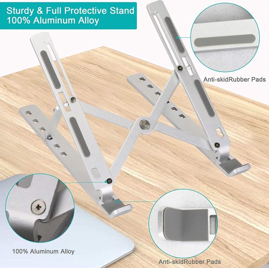 Laptop standaard – Verstelbaar ergonomisch – Opvouwbaar & draagbaar – Geschikt voor Xiaomi Dell MacBook HP Lenovo – Zilver LB-455-Notebookstandaard-Ilumina Benelux
