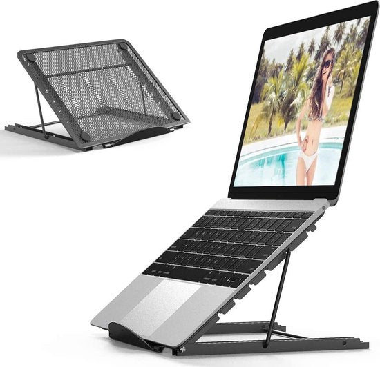 Zwarte laptopstandaard met geventileerd draagvlak, afgebeeld met en zonder laptop
