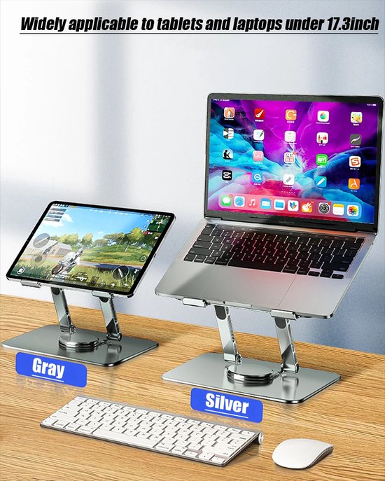 Laptopstandaard – Ergonomisch – 360° Draaibaar – Universeel 10-17 inch – Aluminium – Grijs-Notebookstandaard-Ilumina Benelux