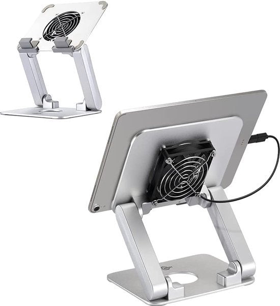 Zilverkleurige laptopstandaard met zwarte ventilator, afgebeeld van voren en achteren