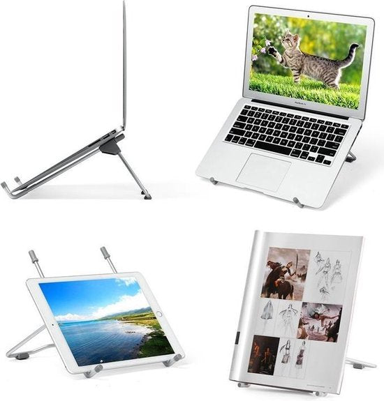Zilverkleurige opvouwbare standaard met voorbeelden voor laptop, tablet en boek.