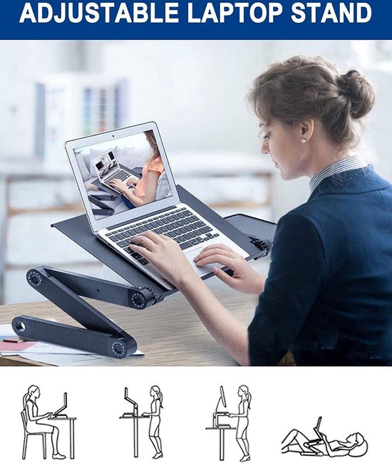 Laptoptafel bed – Met muismat & USB ventilator koeling – 360° verstelbaar – Voor 7-17 inch laptop/tablet – Zwart-Laptopstandaard-Ilumina Benelux