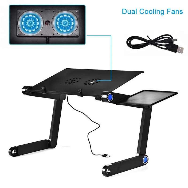 Laptoptafel – Verstelbaar Laptopstandaard – Dubbele Ventilators – Met Muismat – Geschikt voor MacBook & PC – Zwart-Notebookstandaard-Ilumina Benelux