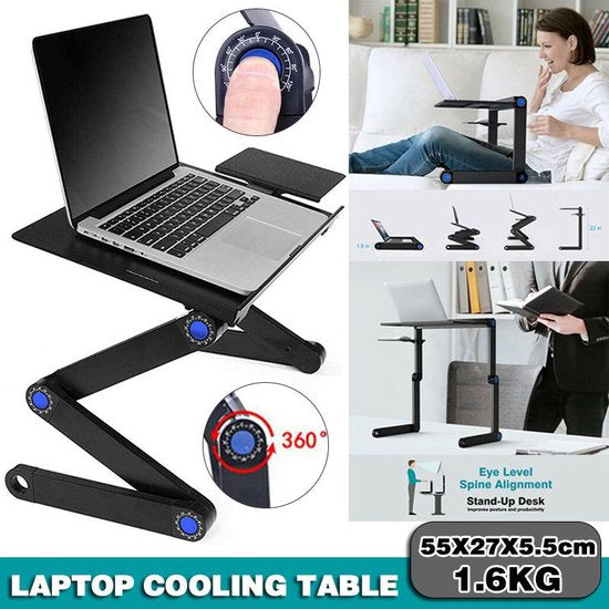 Laptoptafel – Verstelbaar Laptopstandaard – Dubbele Ventilators – Met Muismat – Geschikt voor MacBook & PC – Zwart