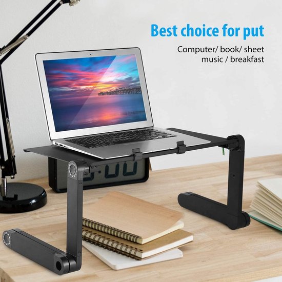 Laptoptafel – Verstelbare Laptopstandaard – Dubbele Ventilators – Muismat – Opvouwbaar Schootbureau – Zwart-Notebookstandaard-Ilumina Benelux