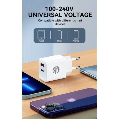 Snellader met Kabel – 20W Power Delivery – USB-C + USB-A – USB-C naar Lightning Kabel 1 Meter – Wit-Ilumina Benelux