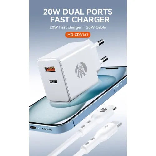 Snellader met Kabel – 20W Power Delivery – USB-C + USB-A – USB-C naar Lightning Kabel 1 Meter – Wit-Ilumina Benelux