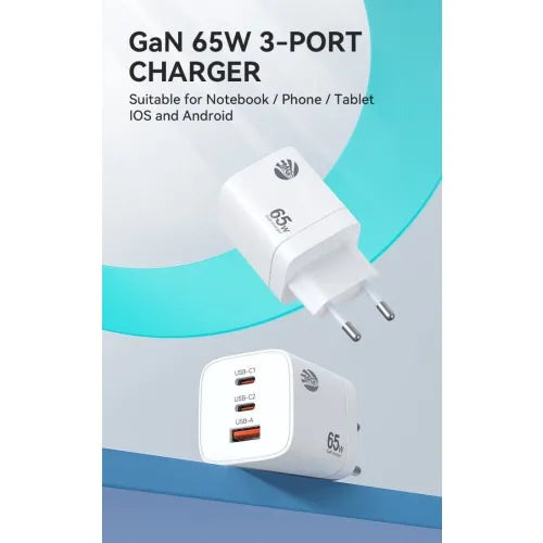 GaN Snellader 65W – 2x USB-C + USB-A – Power Delivery PPS – Wit-Ilumina Benelux