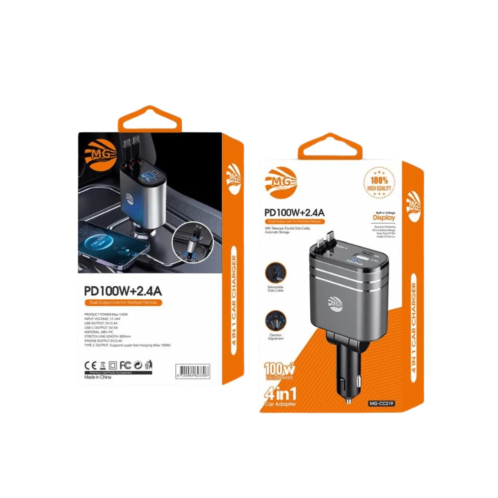 4-in-1 Autolader – 120W – USB-C PD 100W – USB-A 2.4A – Uitschuifbare Kabels – Snellader Auto-Ilumina Benelux