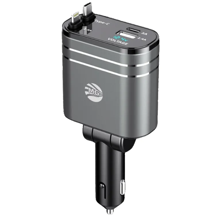 4-in-1 Autolader – 120W – USB-C PD 100W – USB-A 2.4A – Uitschuifbare Kabels – Snellader Auto-Ilumina Benelux