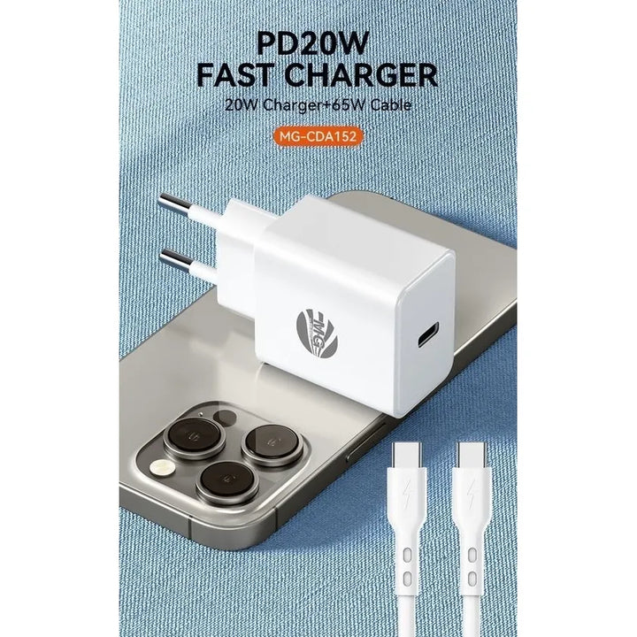 Snellader met Kabel – 20W Power Delivery – USB-C Poort – 65W USB-C naar USB-C Kabel 1 Meter – Wit-Ilumina Benelux