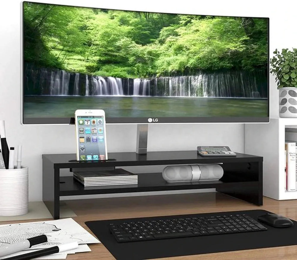 Monitorverhoger – Laptop Standaard met Telefoonhouder – Monitorstandaard Bureau – Voor PC, iMac & Notebook – Zwart-Monitorstandaard-Ilumina Benelux