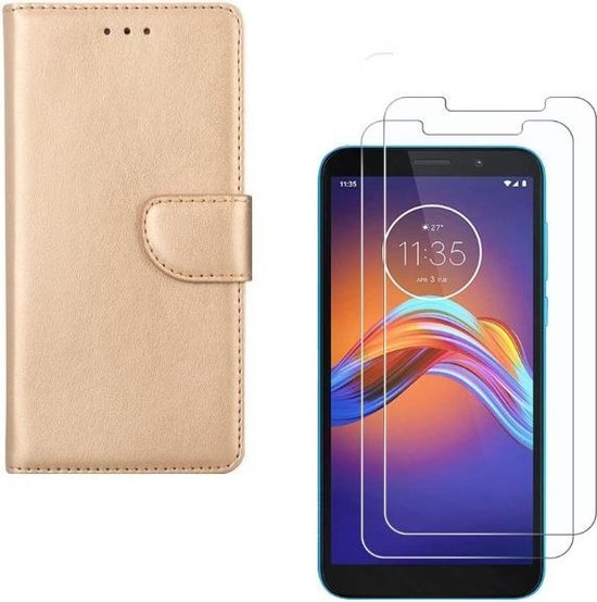 Motorola Moto E6 Play Hoesjes – Portemonnee Backcover – Magneetsluiting – 2x Screenprotector – Goud-Ilumina Benelux