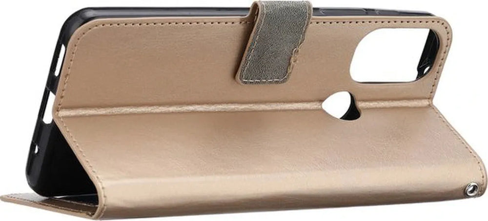 Motorola Moto G22 Hoesjes – Portemonnee Hoes – Magneetsluiting – Pasjeshouder – Goud + 3x Screenprotector-Ilumina Benelux