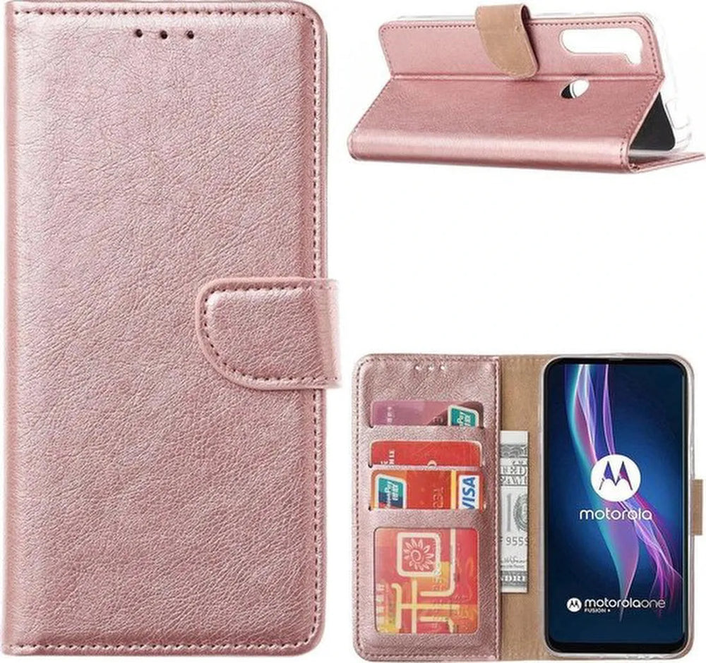 Motorola Moto One Fusion Plus Hoesjes – Portemonnee Hoes – Pasjeshouder – Magneetsluiting – Roségoud-Ilumina Benelux