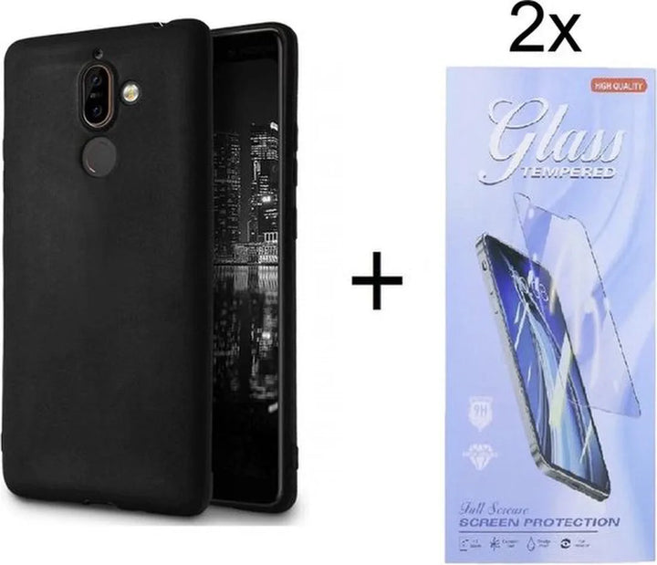 Nokia 7 Plus Hoesjes – Siliconen Backcover – Zwart – 2x Screenprotector Gehard Glas – Anti-kras Transparant-Ilumina Benelux