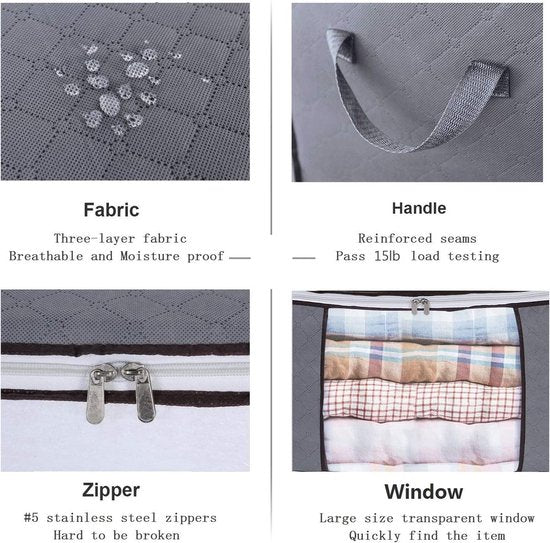 Opbergtas voor kleding – Set van 4 dekbed opbergzakken – Ritssluiting & venster – Ruimtebesparend – 60x40x30 cm – Grijs-Opbergtas kleding-Ilumina Benelux