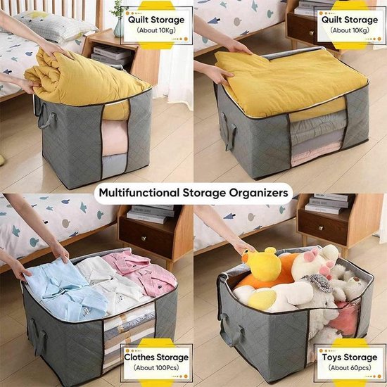 Opbergtas voor kleding – Set van 4 dekbed opbergzakken – Ritssluiting & venster – Ruimtebesparend – 60x40x30 cm – Grijs-Opbergtas kleding-Ilumina Benelux