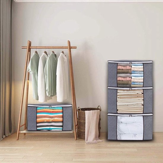 Opbergtas voor kleding – Set van 4 dekbed opbergzakken – Ritssluiting & venster – Ruimtebesparend – 60x40x30 cm – Grijs-Opbergtas kleding-Ilumina Benelux