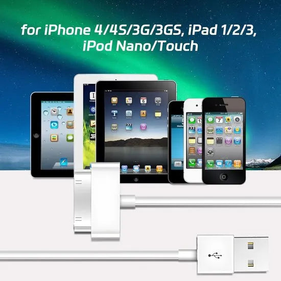 Oplaadkabel – USB-A naar 30-Pin – 3 Meter – Geschikt voor iPhone 4/4S/3G/3GS iPad 1/2/3 iPod Touch/Nano – Wit-USB-Kabels-Ilumina Benelux