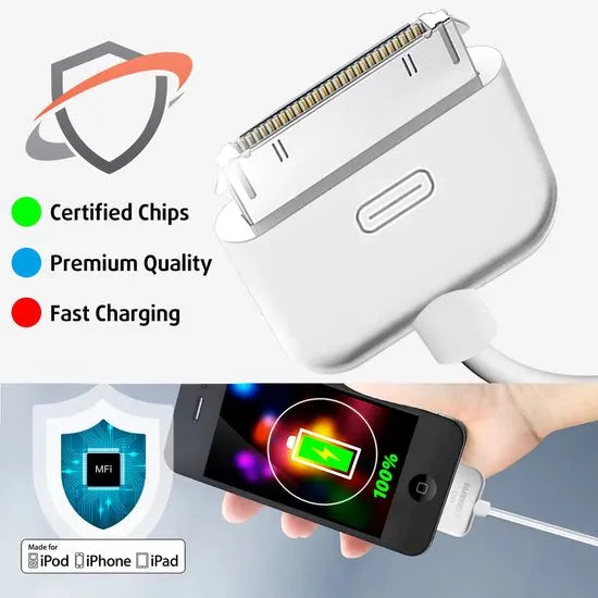 Oplaadkabel – USB-A naar 30-Pin – 3 Meter – Geschikt voor iPhone 4/4S/3G/3GS iPad 1/2/3 iPod Touch/Nano – Wit-USB-Kabels-Ilumina Benelux