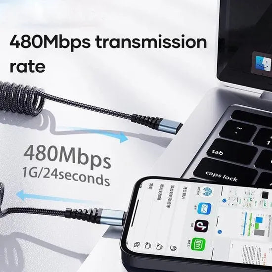 Oplaadkabel USB-C naar Lightning – Uittrekbaar 2m – 60W Super Fast Charger 2.0 – CarPlay/Android Auto – Nylon Gevlochten Zwart-USB-Kabels-Ilumina Benelux