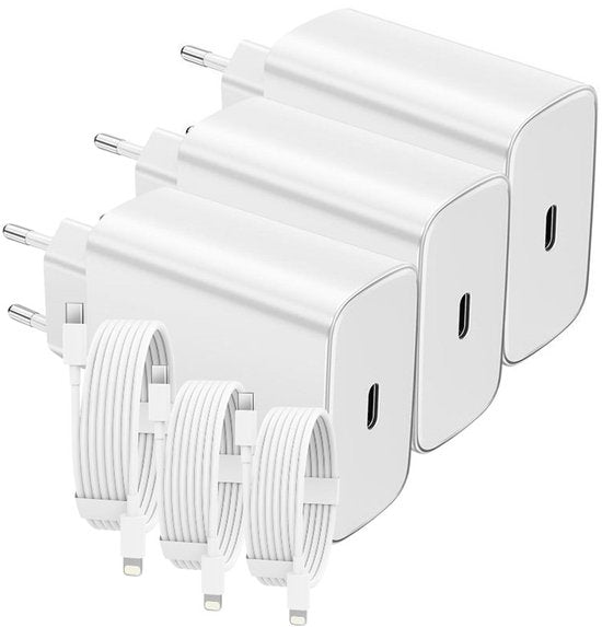 Oplader – USB-C Snellader 45W + 3m Kabel – 3-Pack – Snelladen – Geschikt voor iPhone 14/13/12/11/Xr/Xs/8 – Wit-Oplader-Ilumina Benelux