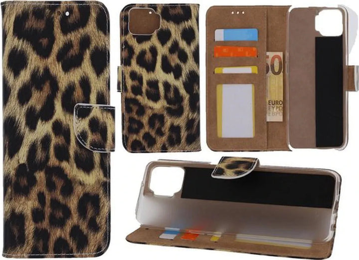 Oppo A73 Hoesjes – Portemonnee Hoes – Pasjeshouder – Luipaardprint – Zwart/Beige-Ilumina Benelux