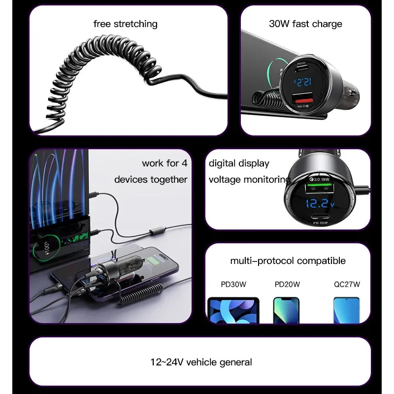 60W PD + QC3.0 Autolader met USB-C Veerkabel Fast Charge Car Charger-Ilumina Benelux