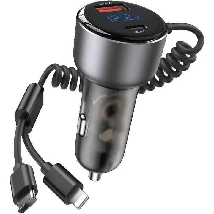 60W PD + QC3.0 Autolader met USB-C Veerkabel Fast Charge Car Charger