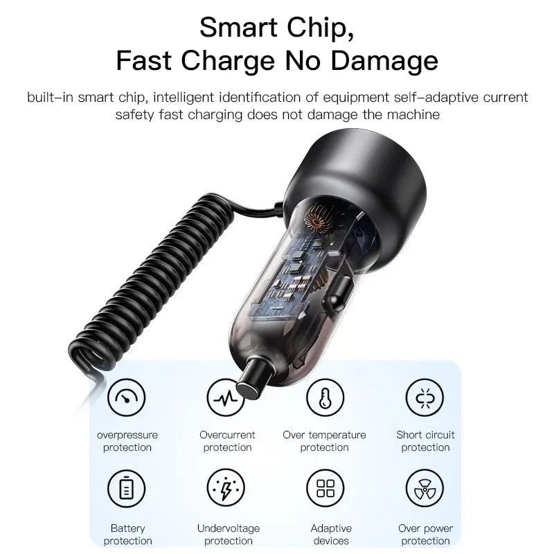 60W PD + QC3.0 Autolader met USB-C Veerkabel Fast Charge Car Charger-Ilumina Benelux