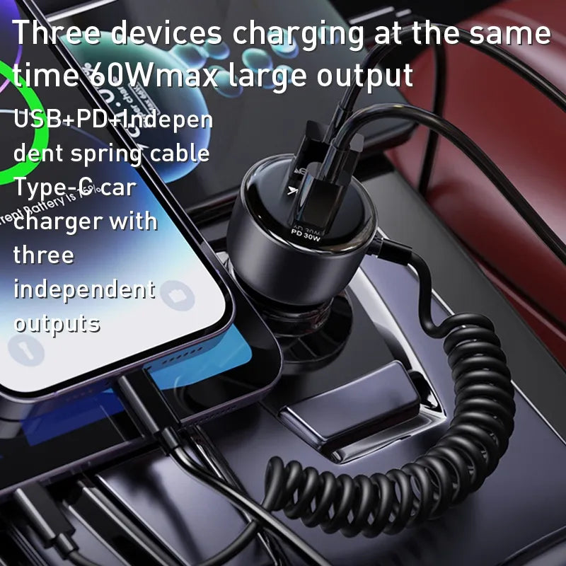 60W PD + QC3.0 Autolader met USB-C Veerkabel Fast Charge Car Charger-Ilumina Benelux