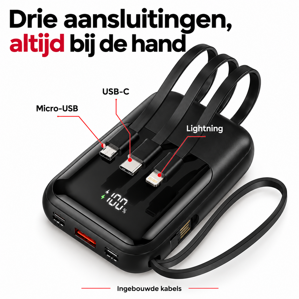 Zwarte powerbank 10.000 mAh met ingebouwde laadkabels