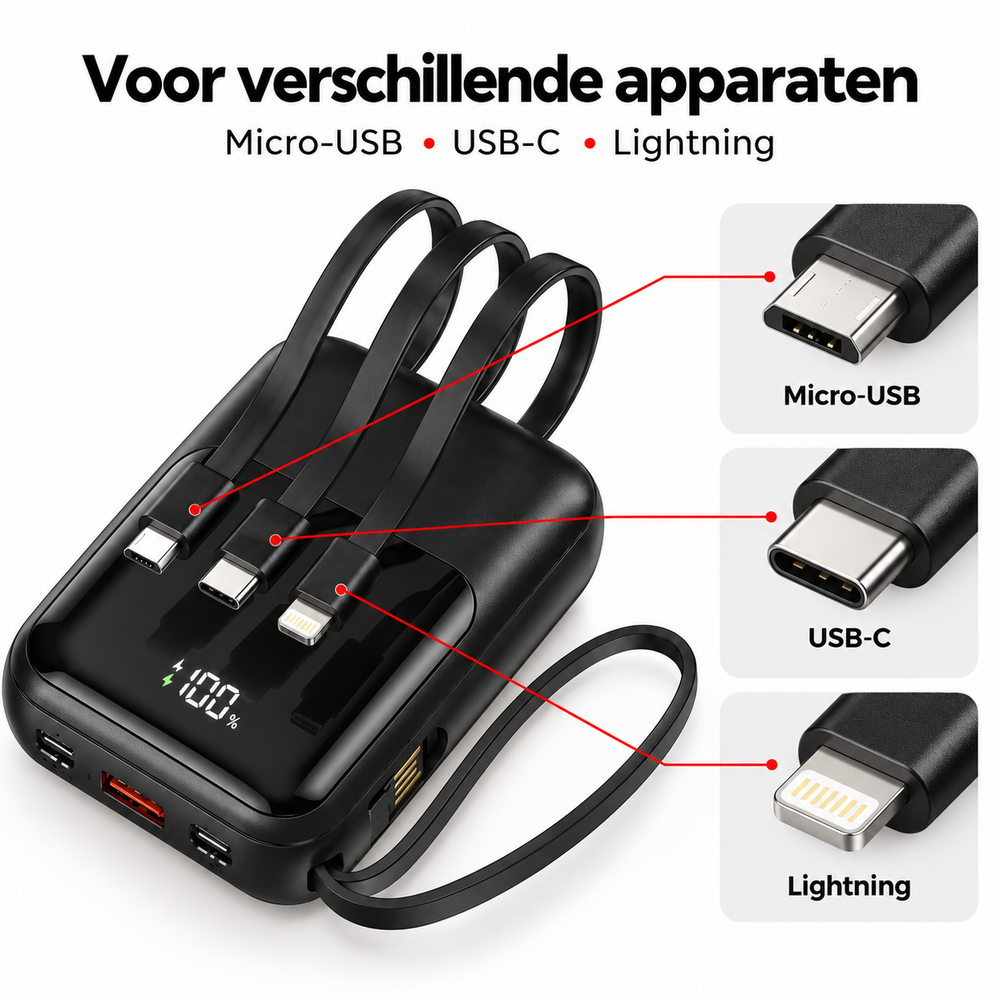 Zwarte powerbank 10.000 mAh met ingebouwde laadkabels