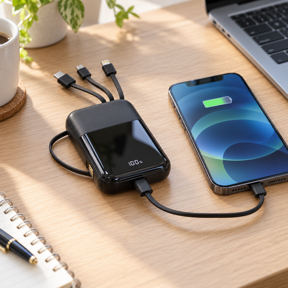 Zwarte powerbank 10.000 mAh met ingebouwde laadkabels