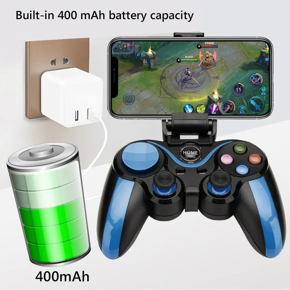 Draadloze Game Controller – Bluetooth Gamepad voor iOS, Android & PC – Telefoonhouder – Blauw/Zwart