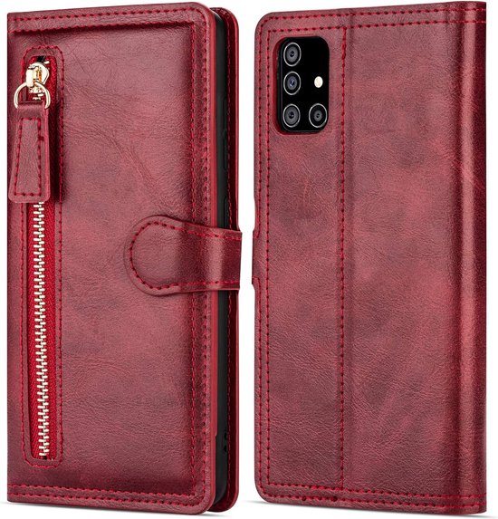 Samsung Galaxy A03s Hoesjes – Bookcase Portemonnee Hoes – Ritssluiting – 5 Pasjeshouder – Rood-Ilumina Benelux
