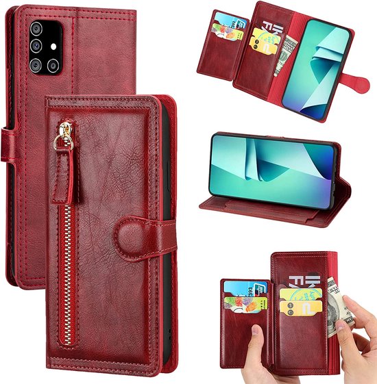 Samsung Galaxy A03s Hoesjes – Bookcase Portemonnee Hoes – Ritssluiting – 5 Pasjeshouder – Rood-Ilumina Benelux