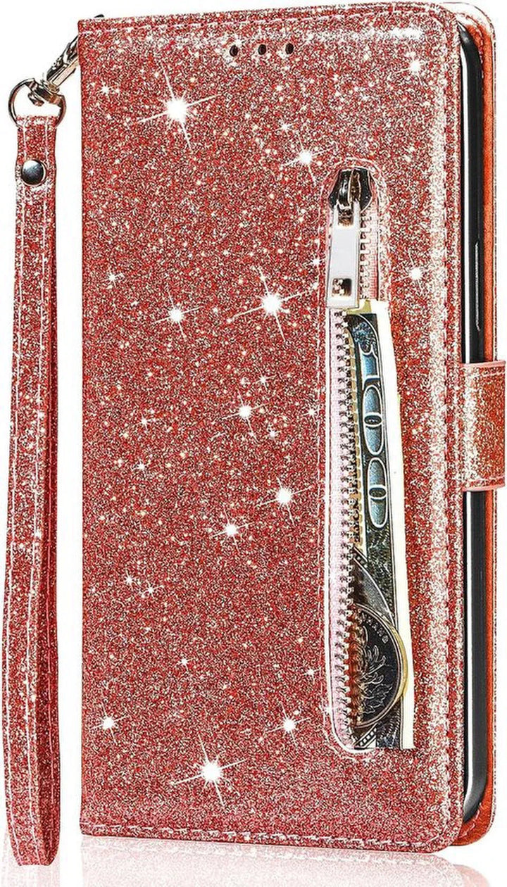 Samsung Galaxy A05s Hoesjes – Glitter Portemonnee Case – Rits & Koord – Pasjeshouder – Roségoud-Ilumina Benelux
